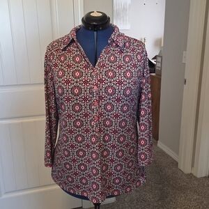 Charter Club Women's Pink And Blue Patterned 3/4 Sleeve Polo Style Shirt